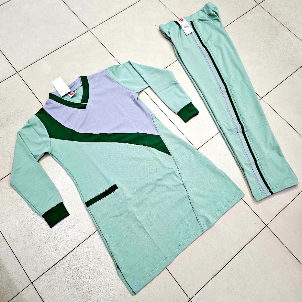 SETELAN BAJU OLAHRAGA SYARI'I MUSLIM WANITA / MODEL TUNIK PANJANG BAHAN PREMIUM NGARET SAGE LIS HIJA