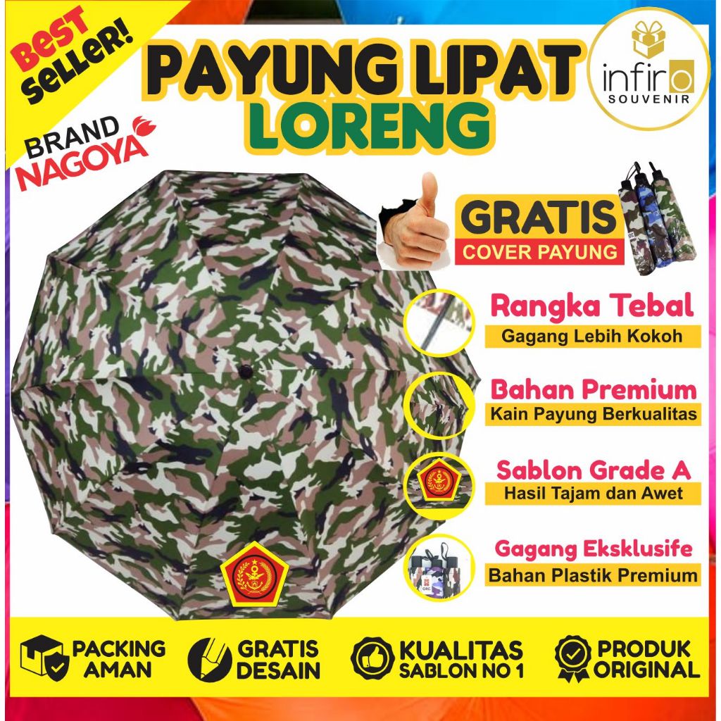 GROSIR  PAYUNG LIPAT LORENG CUSTOM LOGO | GAGANG KOKOH TEBAL | SABLON PAYUNG CUSTOM GRATIS DESAIN