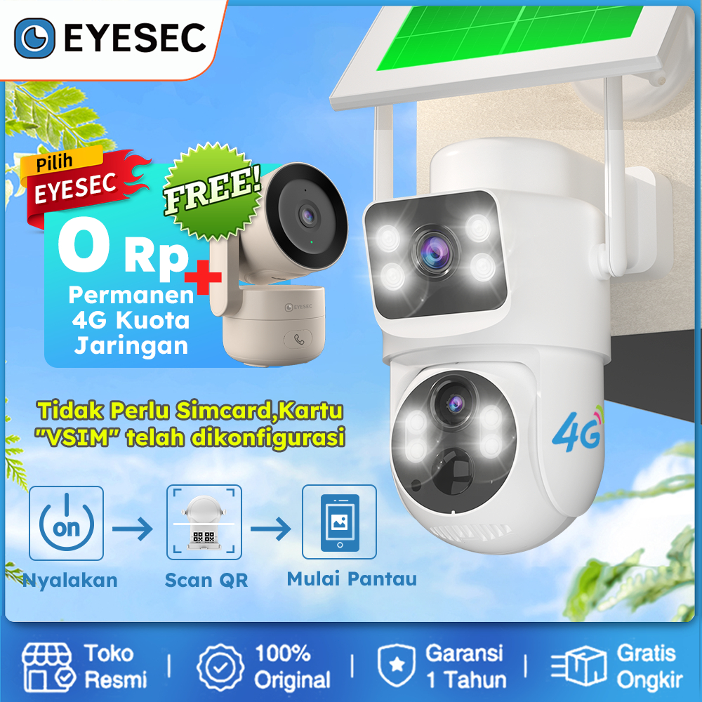 [Kuota 4G GRATIS Tanpa Batas] EYESEC CCTV 4G All Operator 6MP Tenaga Surya CCTV 2 Kamera Outdoor Wat