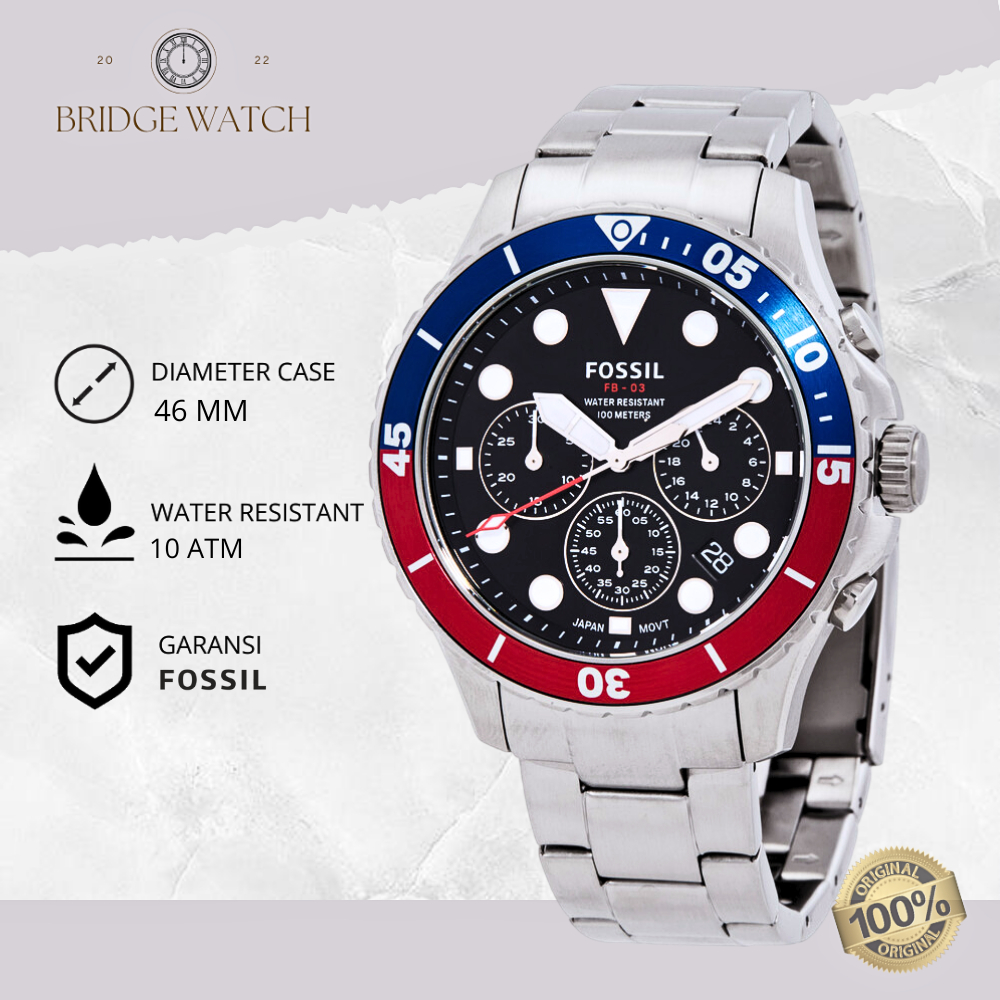 Jam Tangan Fossil Pria FS5767 FB-03 Black Dial Chronograph Silver Stainless Steel Strap Rantai Mewah