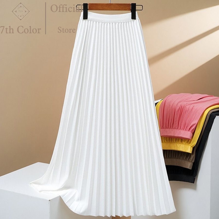 7th Color / Rok Plisket Rok Putih Rok  Midi Pinggang Elastis Rok Tipis