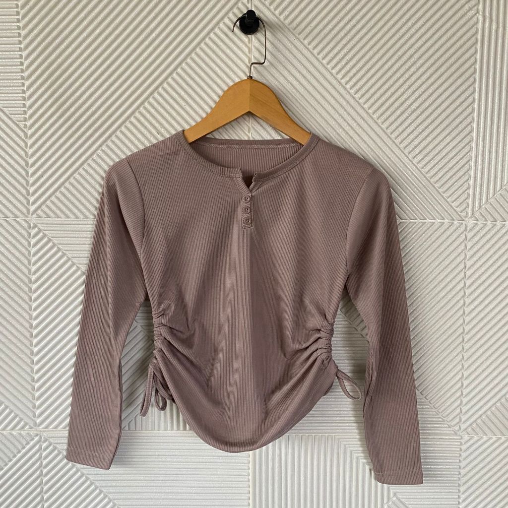 Syafiqa - Atasan Wanita Serut Samping Wanita / Kaos Knit Kancing Shela Lengan Panjang / Crop Top