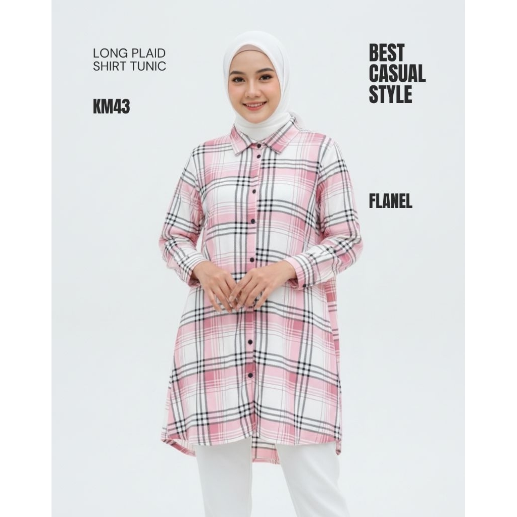 KM43 | Tunic Flanel Kotak Panjang Wanita | Kemeja Plaid Casual