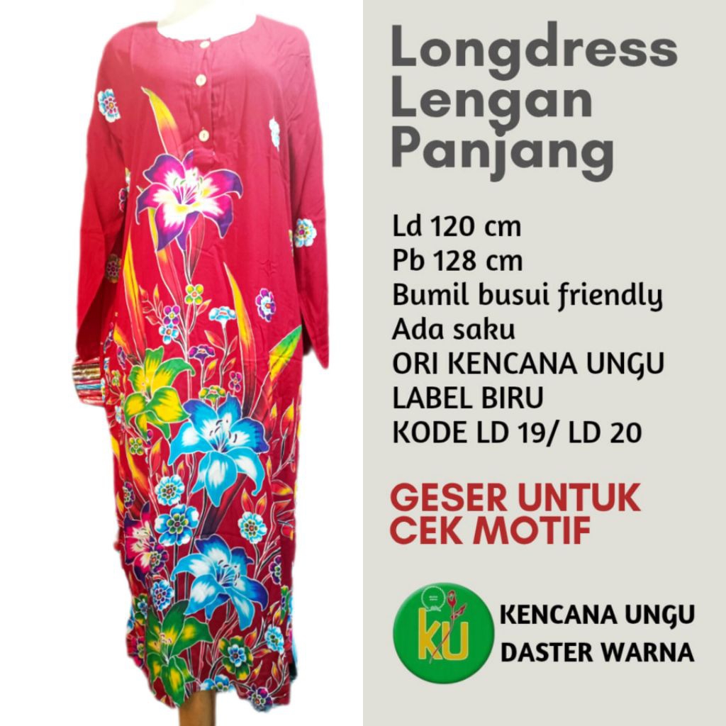 Daster Panjang Muslimah Long Dress Batik Kencana Ungu Label Biru Ld 120 cm Panjang 128 cm