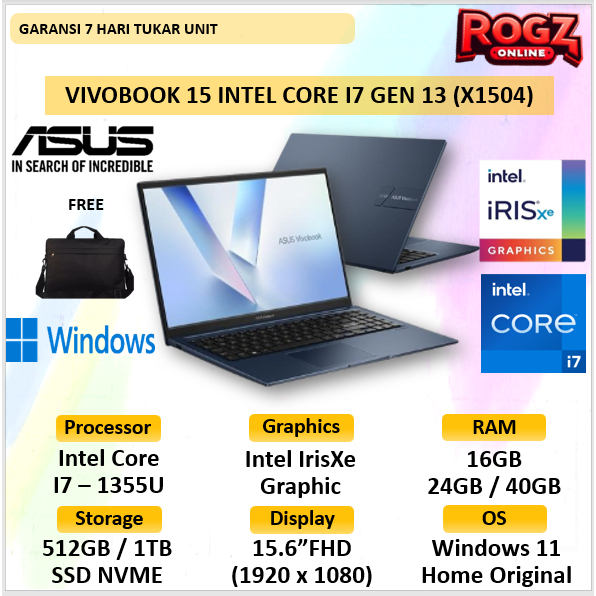Asus Vivobook 15 Core I7 Gen 13 16GB 1TB SSD Windows 11 15.6 IPS Panel X1504
