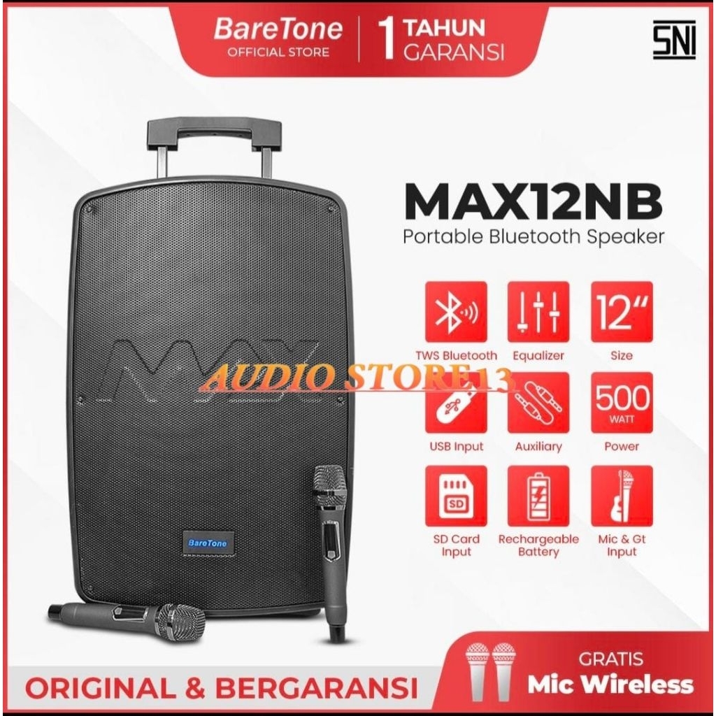 BareTone MAX12NB Speaker Portable 12 Inch Bass Terbaik Power Output 500 Watt USB Bluetooth TWS Origi