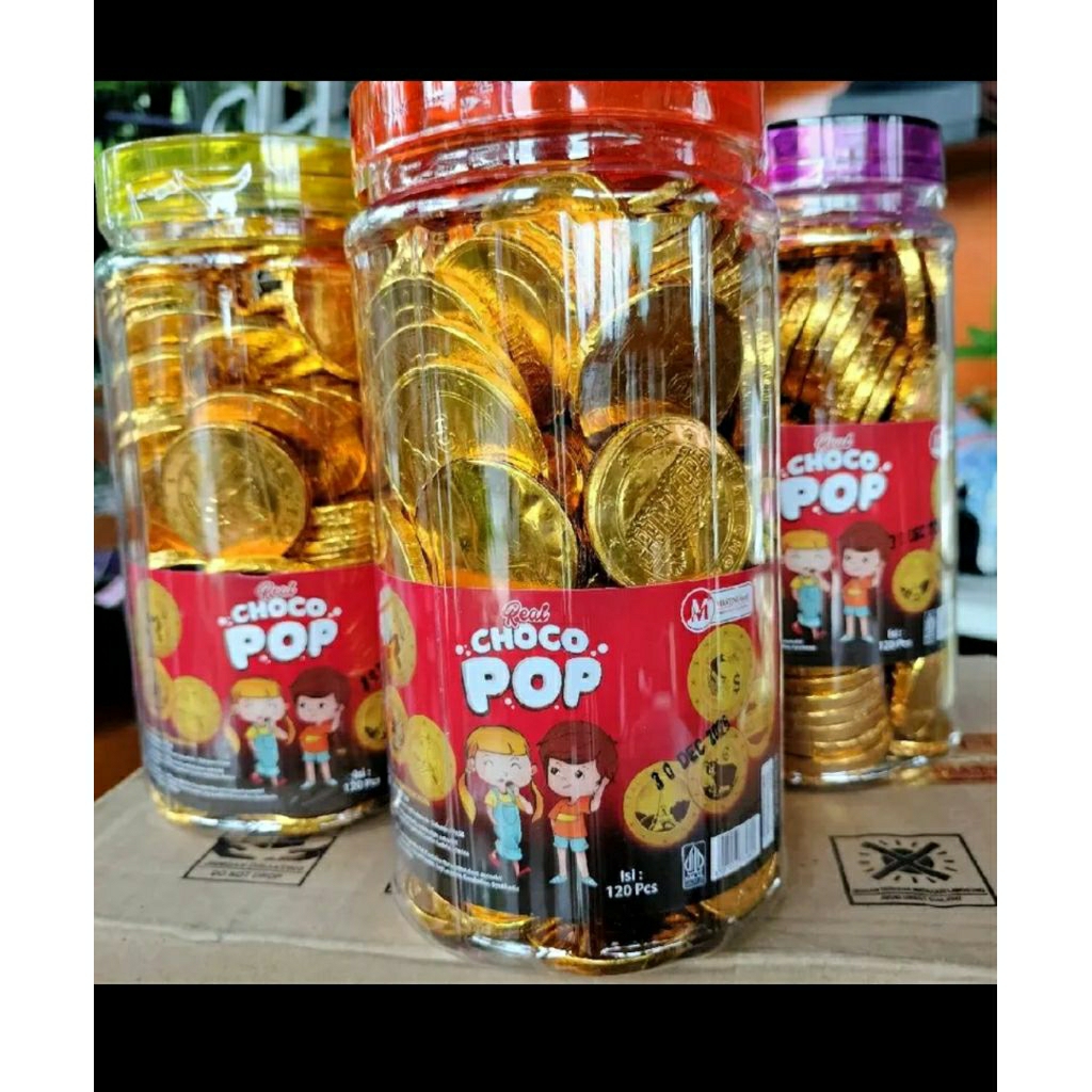 Real CHOCO POP / Permen Coklat Koin Toples isi 120Pcs / Coklat bulat bentuk Uang Koin