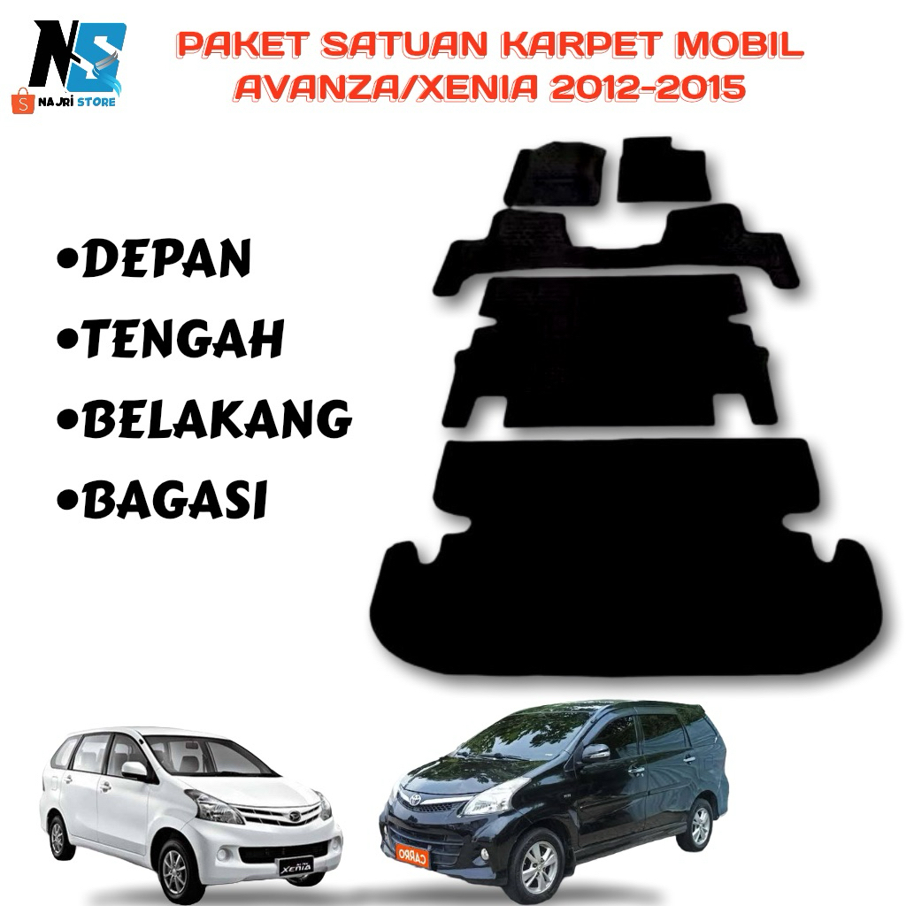 Karpet Mobil Avanza/Xenia 2012–2015 — Paket Satuan Depan/Tengah/Belakang/Bagasi