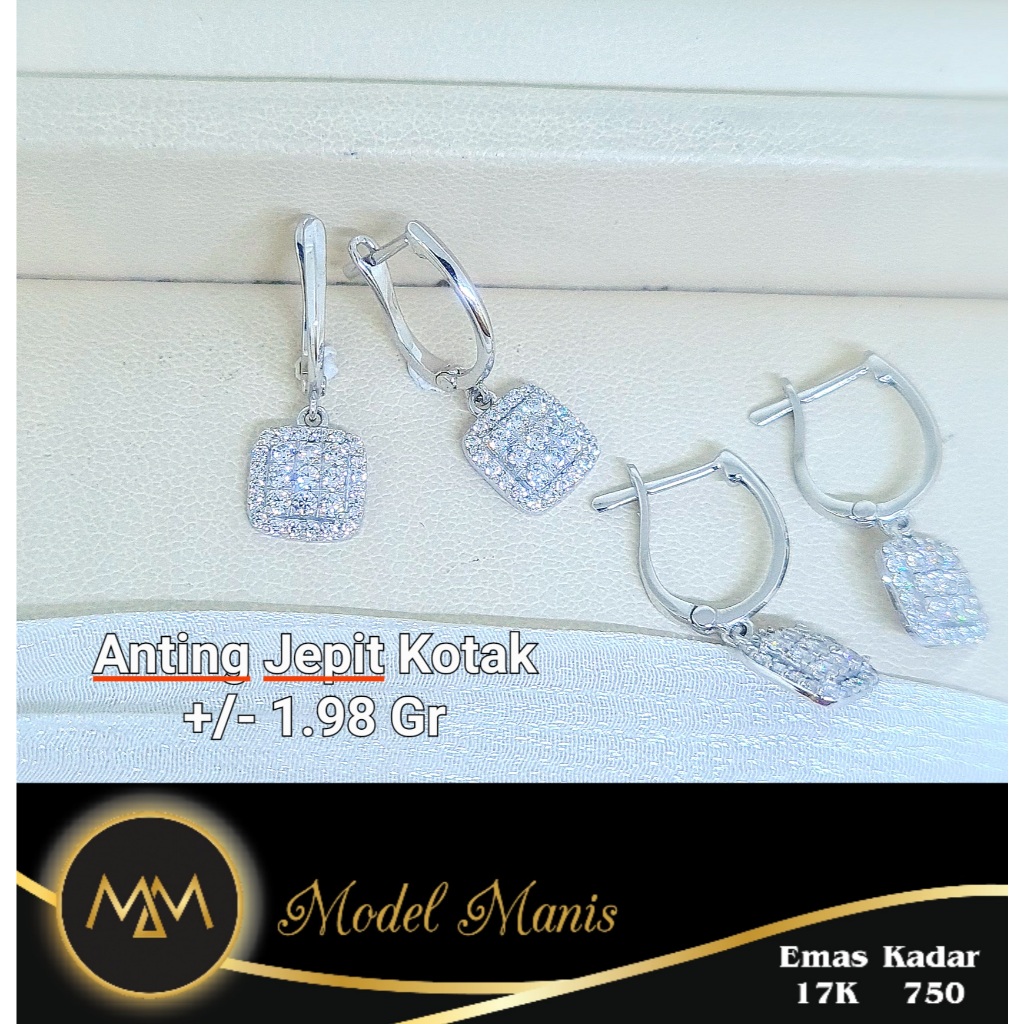Model Manis Gold - Anting Jepit Kotak Tabur Putih - Emas 17k 750