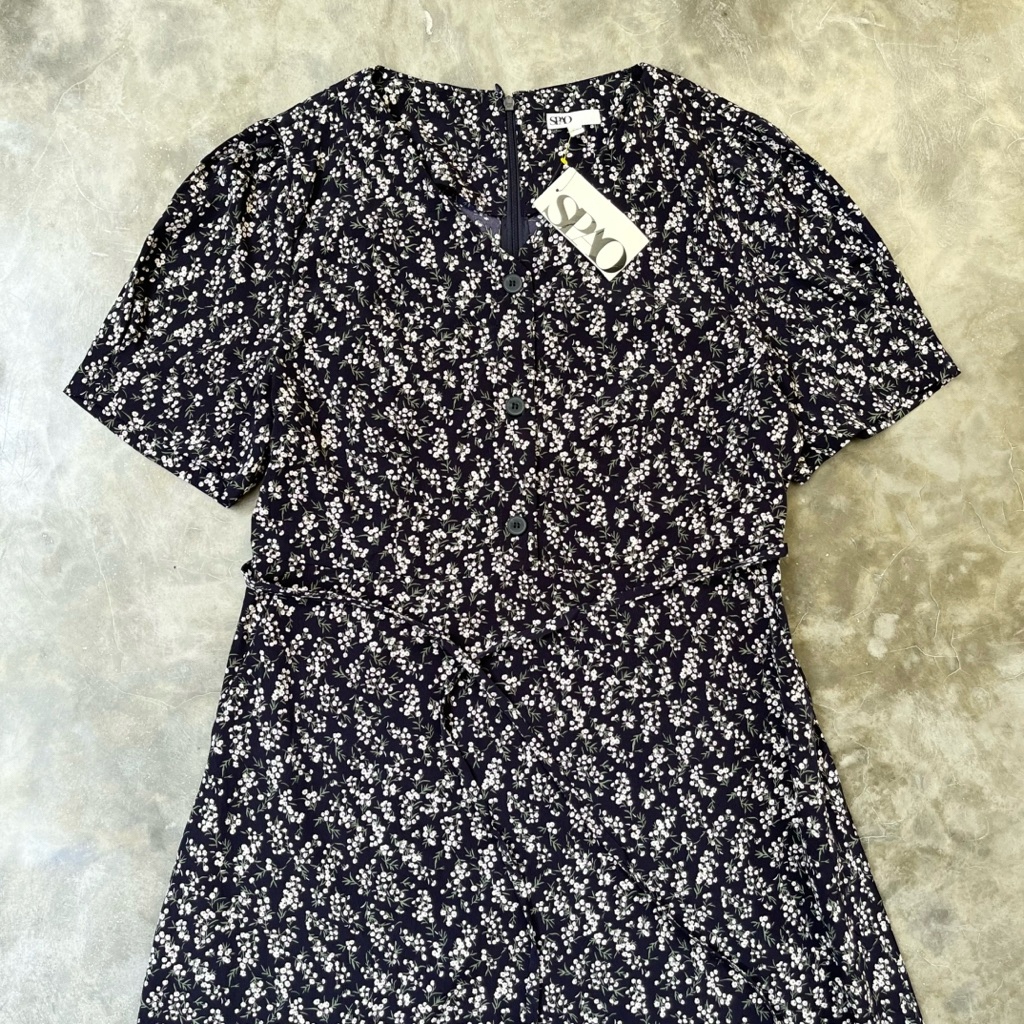 SPAO Korean dress Flower half button deep navy