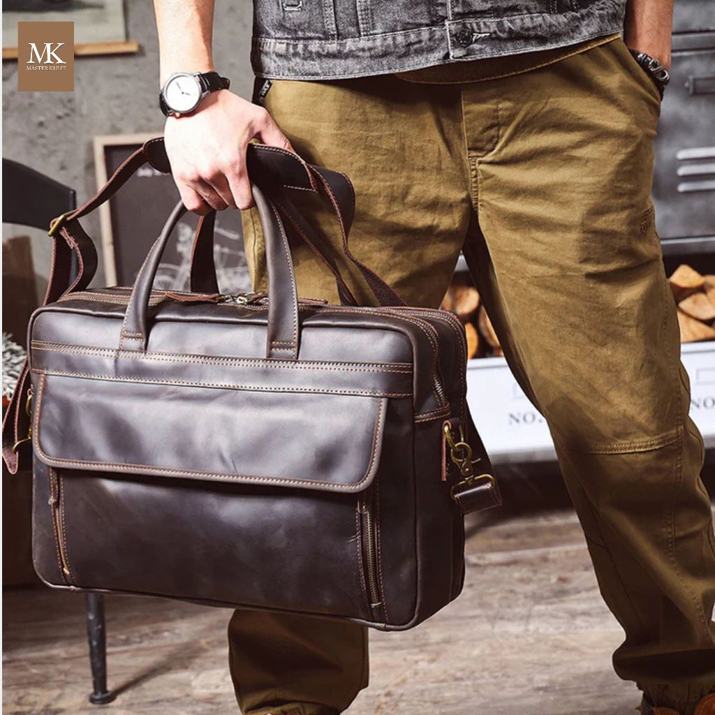 MK Master Kulit Vintage 17" Leather Briefcase Full Grain Kulit Asli Tas Pria Laptop 17" Messenger Ba