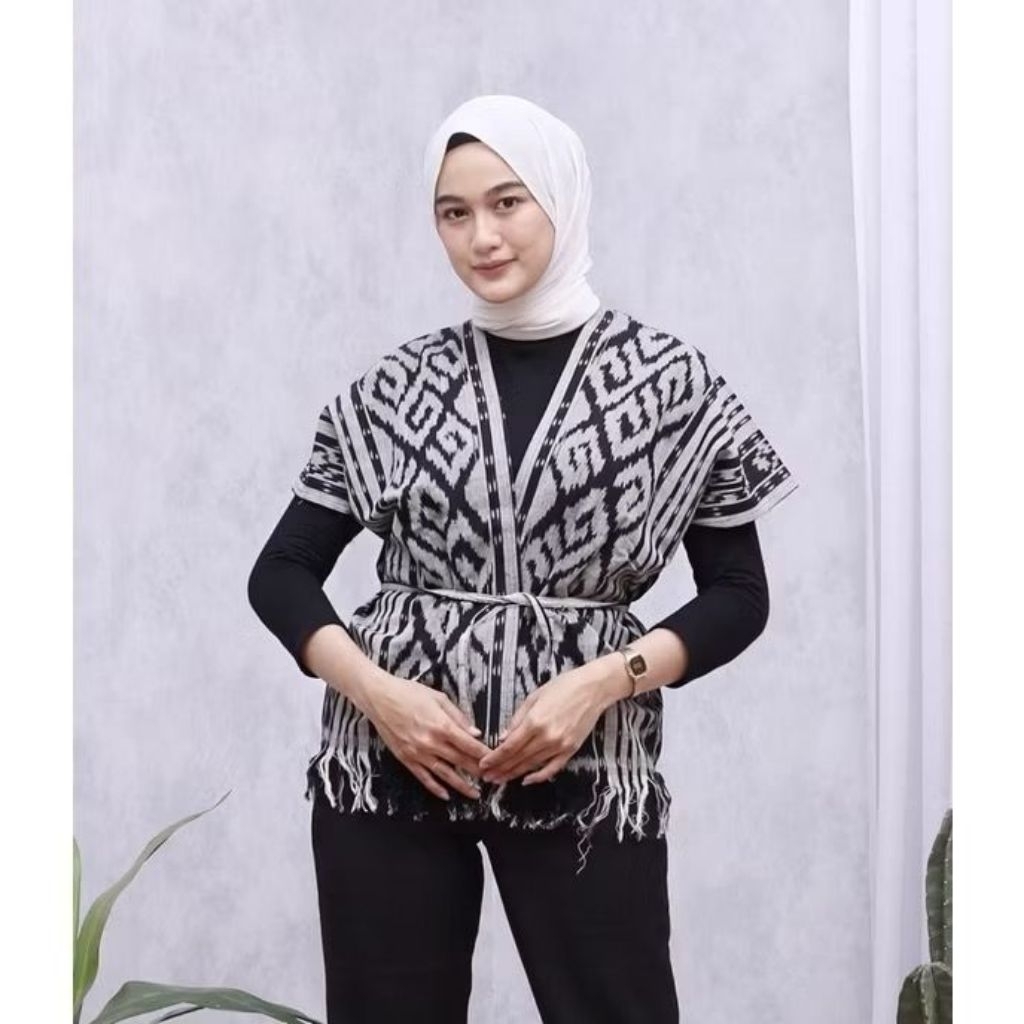 Cardigan Outer Wanita Etnik Tenun Ikat Rumbai | Kimono Luaran Casual Tali Pinggang Modern