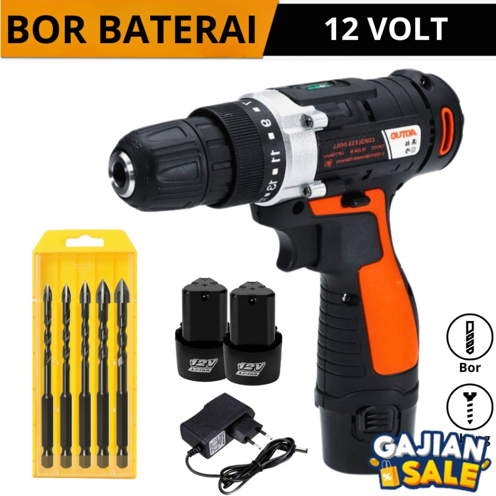 Mesin Bor Baterai 12V Aotuo Tahan Lama LED + Mata Bor Cross Hex