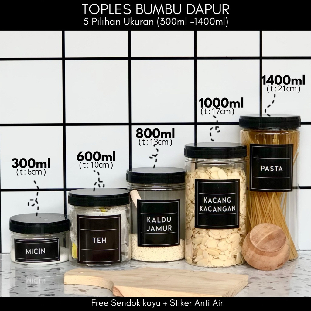 TOPLES BUMBU DAPUR TUTUP HITAM (PLASTIK) SATUAN MODEL MINIMALIS FREE SENDOK KAYU DAN LABEL STIKER AN