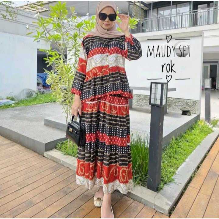 Maudy Set Rok 2in1 Friendly Terbaru Kekinian Bahan Rayon Setelan Rok Baju Muslimah Wanita