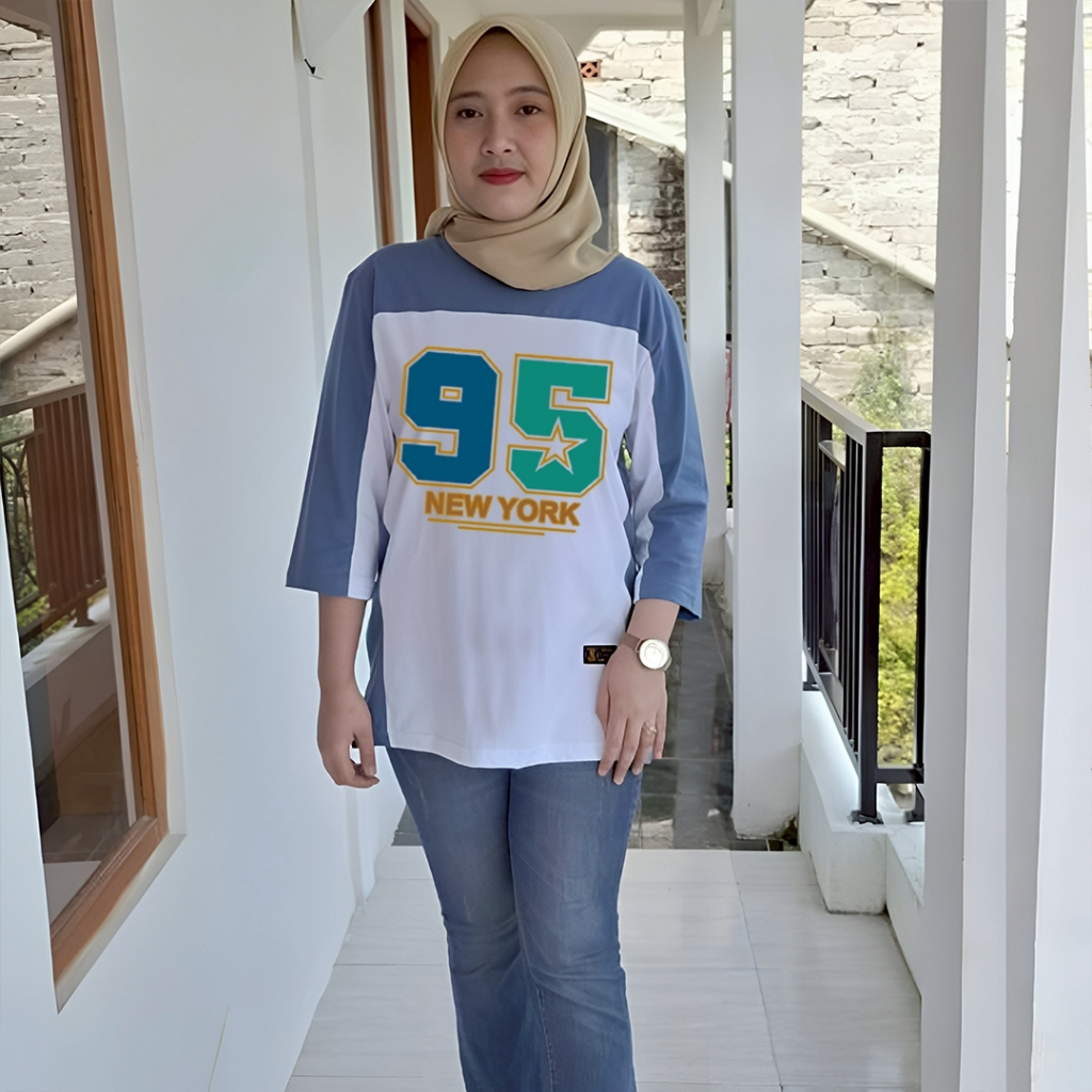 Baju Kaos Wanita Oversize  Korean Look Baseball Number Jersey Lengan 7/8 Katun Tebal Adem Kekinian