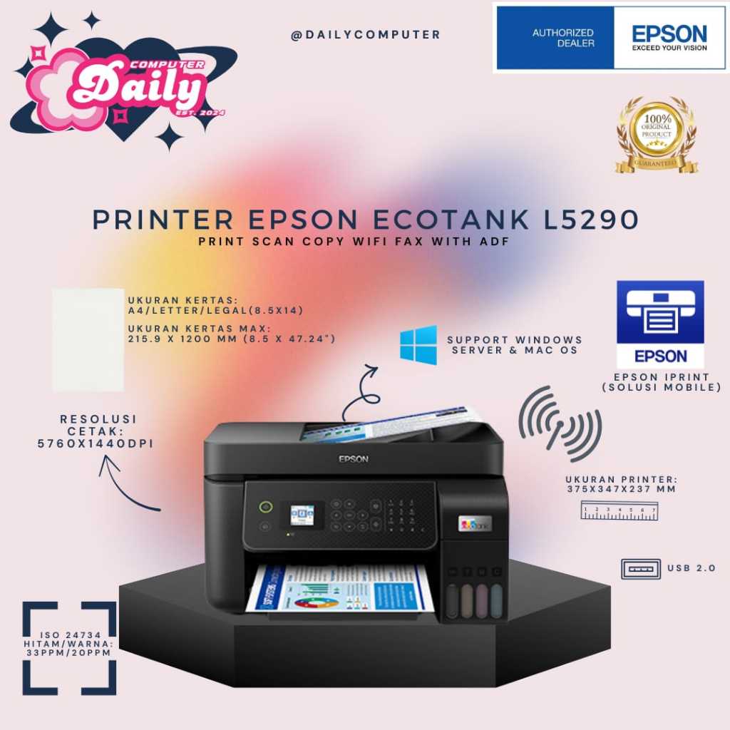 Printer Epson L5290 Printer Ink Tank EcoTank All in One WiFi Print Scan Copy Fax ADF Cetak Dokumen F