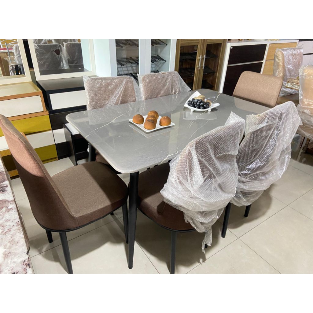 Meja Makan Batu Minimalis Kaki Besi Set 6 Kursi