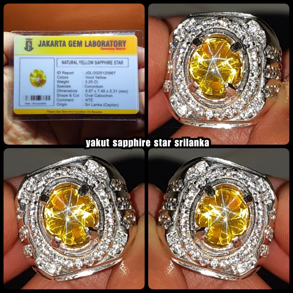 natural yellow sapphire star srilanka HQ + ring perak tebal