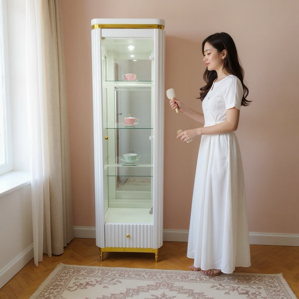 Lemari Hias Kaca 1 Pintu Duco White Lis Gold Led Light