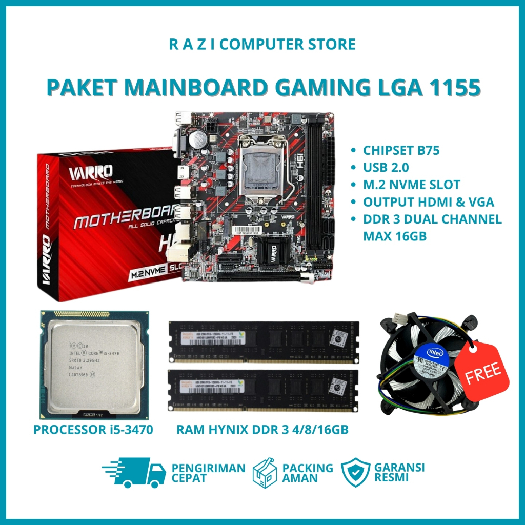 Motherboard H61 - Paket Mainboard Pc Gaming Fullset Core i5 3470 Varro/Rx7 H61 Plus Lga 1155 B75 Chi
