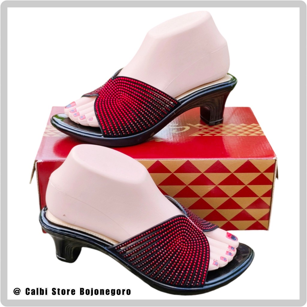 Premium (( Stok Ready )) Sandal Calbi Pesta Heels 5Cm Permata Cantik