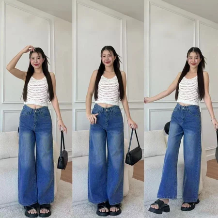 Rans Jeans Wanita Vintage Fade Long Tube Jeans Longgar