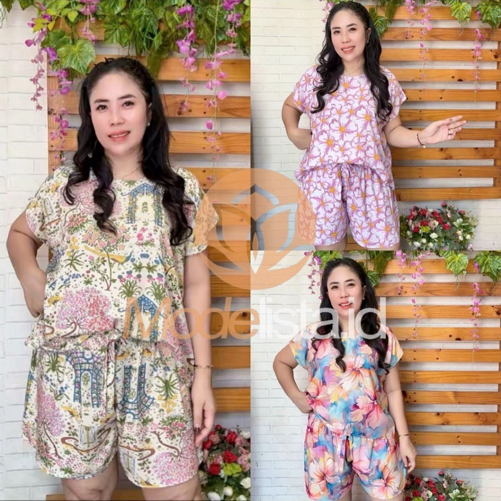 Lulu Oneset Setelan Celana Jumbo Pendek Bahan Rayon Motif Bunga & Batik Wanita By Modelista ID