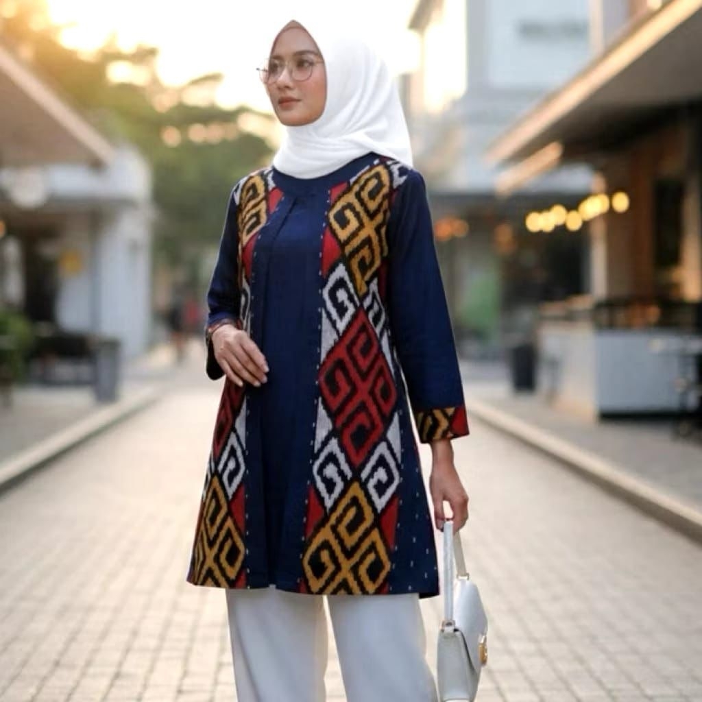 Blouse Tenun Ikat Batik Etnik – Baju Muslim Wanita Elegan Lengan Panjang