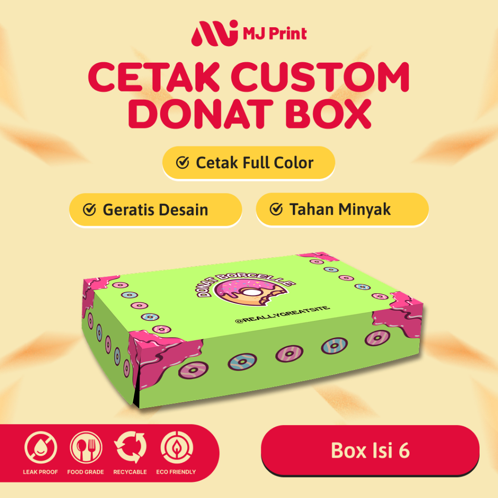 Donat Box Isi 6 Free Custom Design &  Logo Sendiri Min. Order 1000pcs - Bahan Ivory