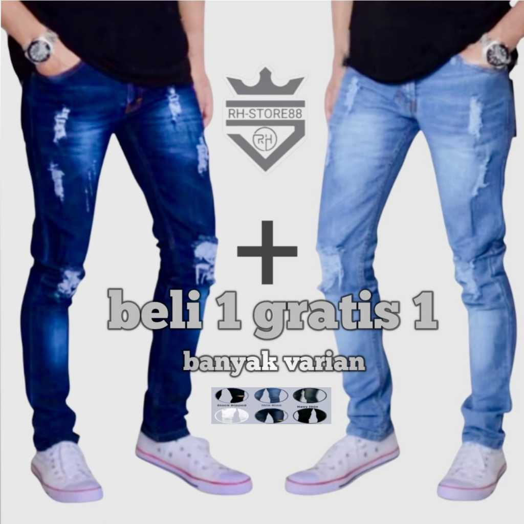 HEMAT Beli 1 dapat 2 / Celana Jeans Panjang Pria Sobek Lutut - Celana Pria Slimfitt Denim - Celana P