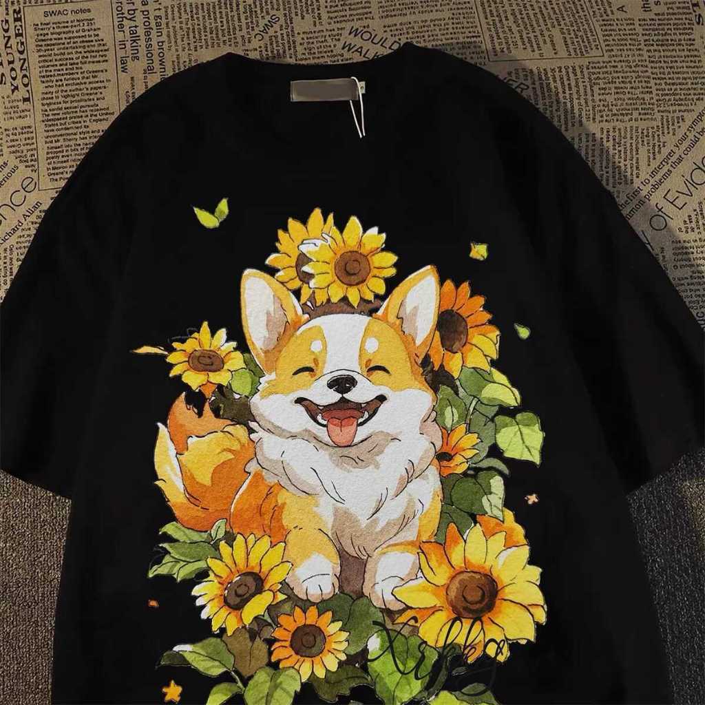 [COD] Baju Kaos Pria - Kaos Pria Hitam Cetakan Anjing Corgi dan Bunga Matahari