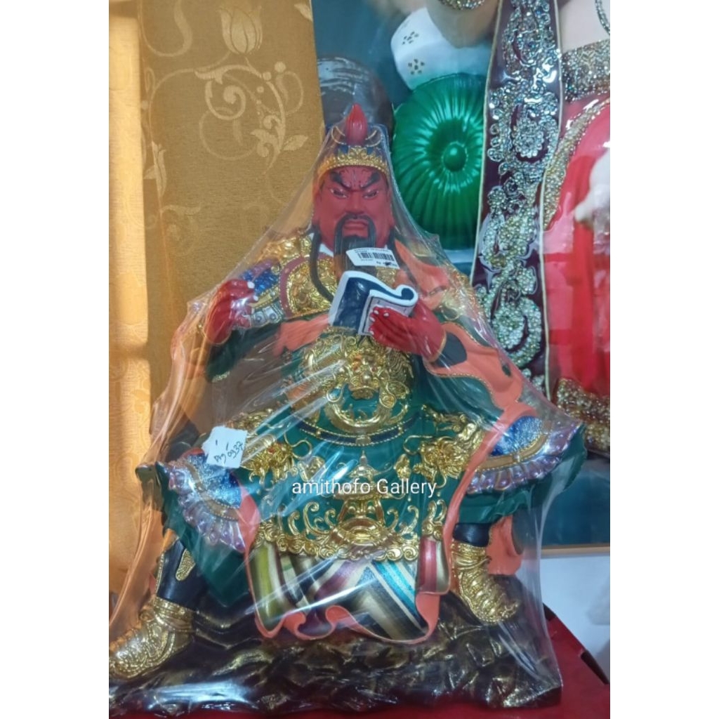 Patung Kwan kong/ kwankong / Guan yu 16" duduk baca buku bendera besar