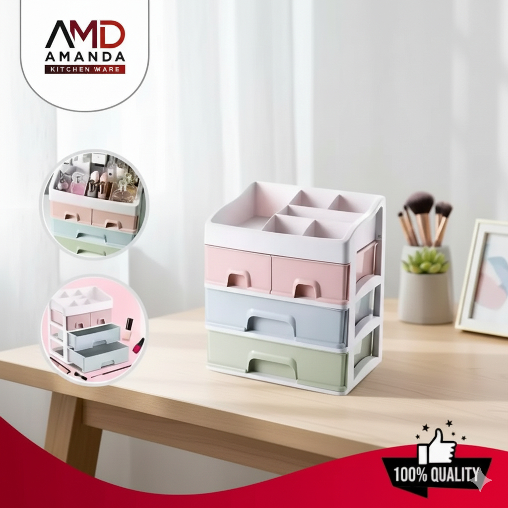 Rak Kosmetik 3 Susun BESAR Makeup Storage Bahan Plastik Rak Serbaguna 3 Laci menyimpan kotak