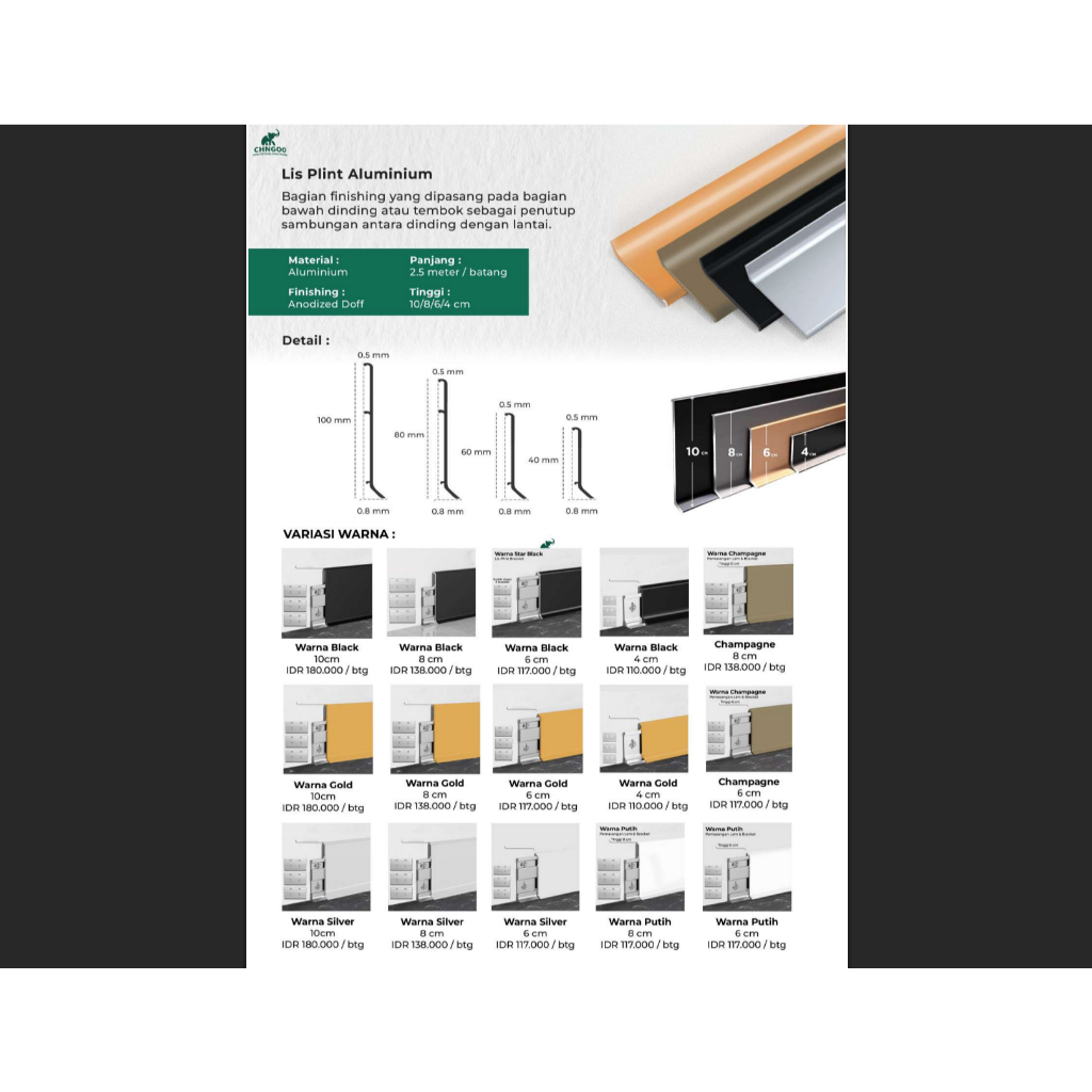 ALUMUNIUM FLOOR PLINT, SKIRTING ALUMUNIUM, ALUMUNIUM LIS PLINT FINISHING BAWAH DINDING TEMBOK