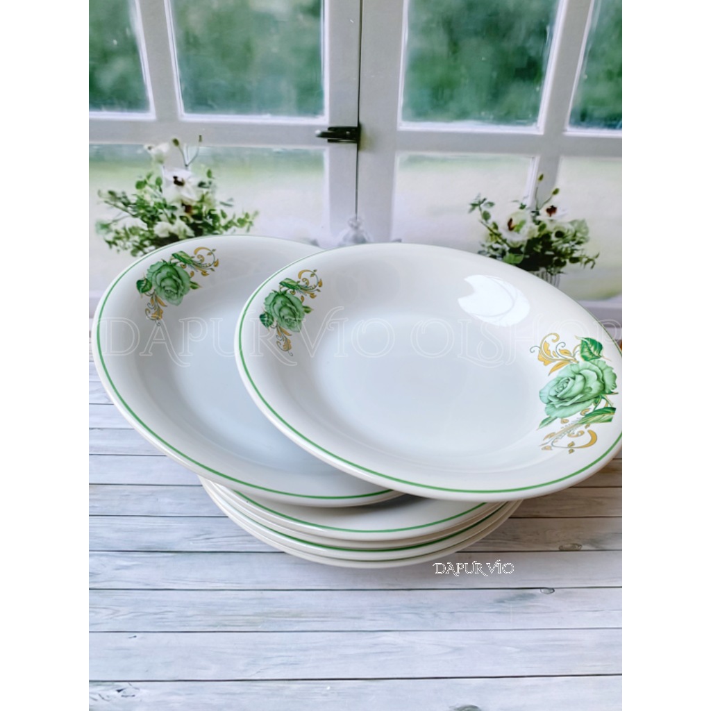3 PCS PIRING BULAT KERAMIK MOTIF BUNGA HIJAU DIAMETER 9 INCHI / 23 CM PIRING MAKAN KERAMIK CANTIK