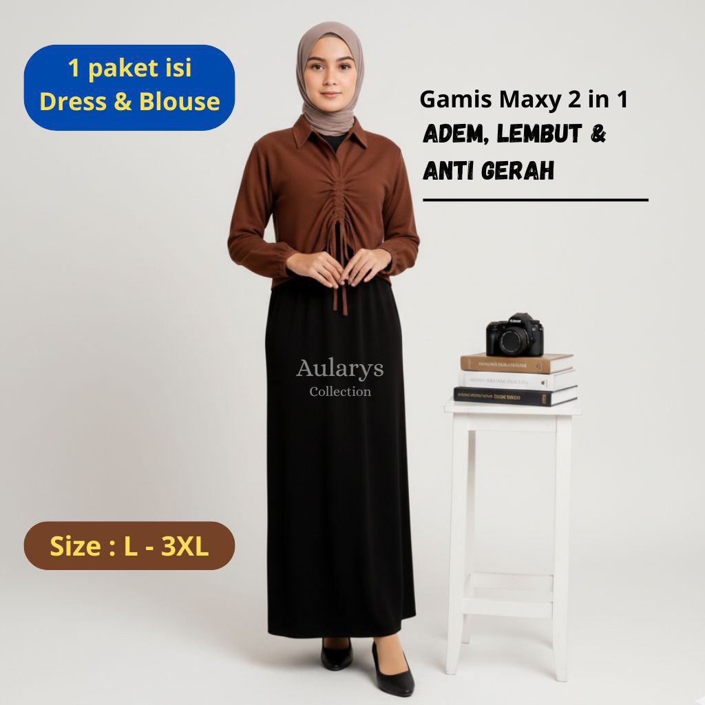 Gamis Overall Maxi Remaja Kekinian Crinkle – Baju Muslim Wanita Blouse Serut + Dress Panjang Hitam M