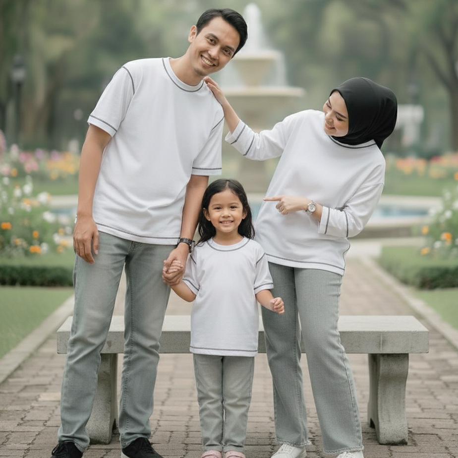 (PREMIUM QUALITY) KAOS PUTIH : KOMBINASI JAHIT LUAR COUPLE FAMILY / JAHIT KEBALIK / KAOS COUPLE KELU