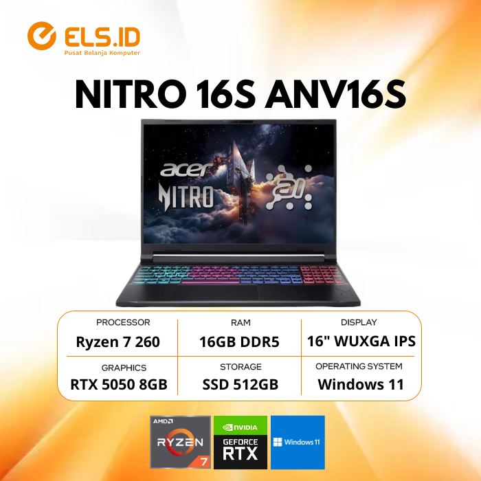 Acer Nitro 16S ANV16S 41 AMD Ryzen 7 260 16GB SSD 512GB 16" RTX5050 W11+OH2024+M365