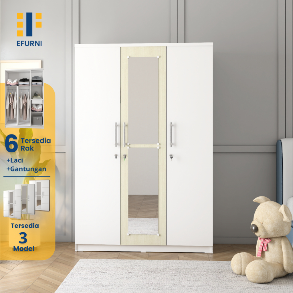 EFURNI Lemari Pakaian 3 Pintu Almari Pakaian Kayu / Almari Baju / Lemari Baju / Rak Baju Gamis / CAM