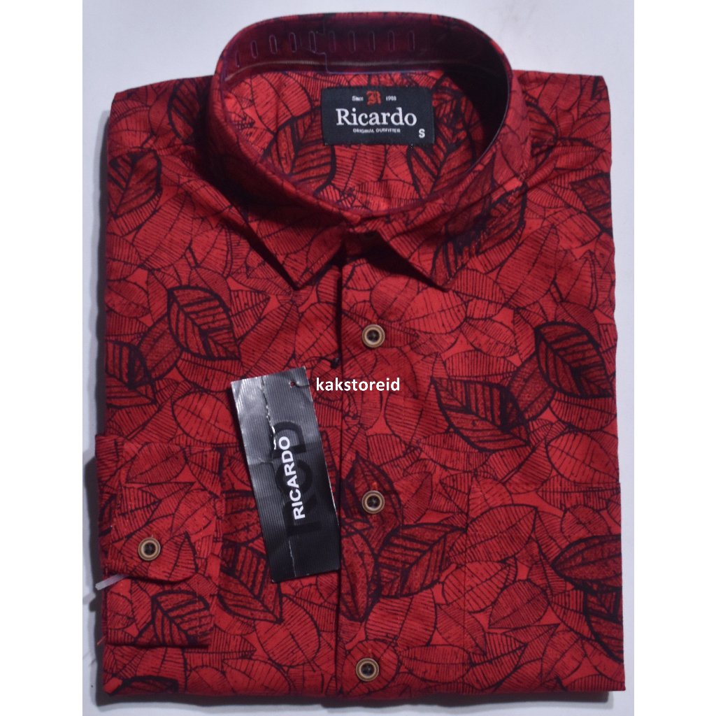 Kemeja Pria RICARDO Lengan Panjang Merah Marun Motif Daun KRD 24 #Kemeja Murah