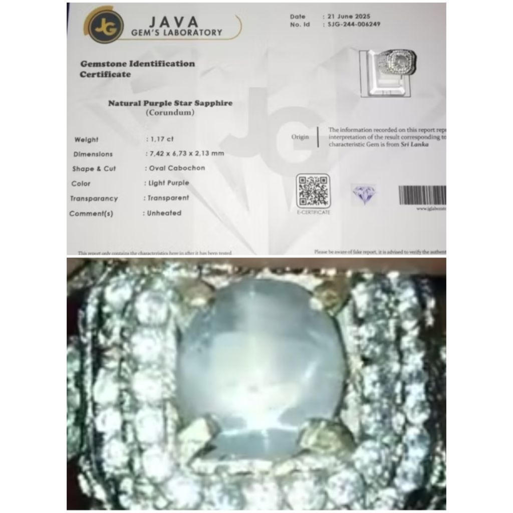 Natural Light Purple Star Sapphire Srilanka Ceylon 1,17 Crt+ Sertifikat, Kode A55