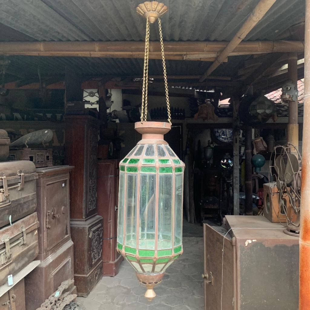 Lampu Gantung Liontin Kaca Patri Hijau Medium Lawas Jadul