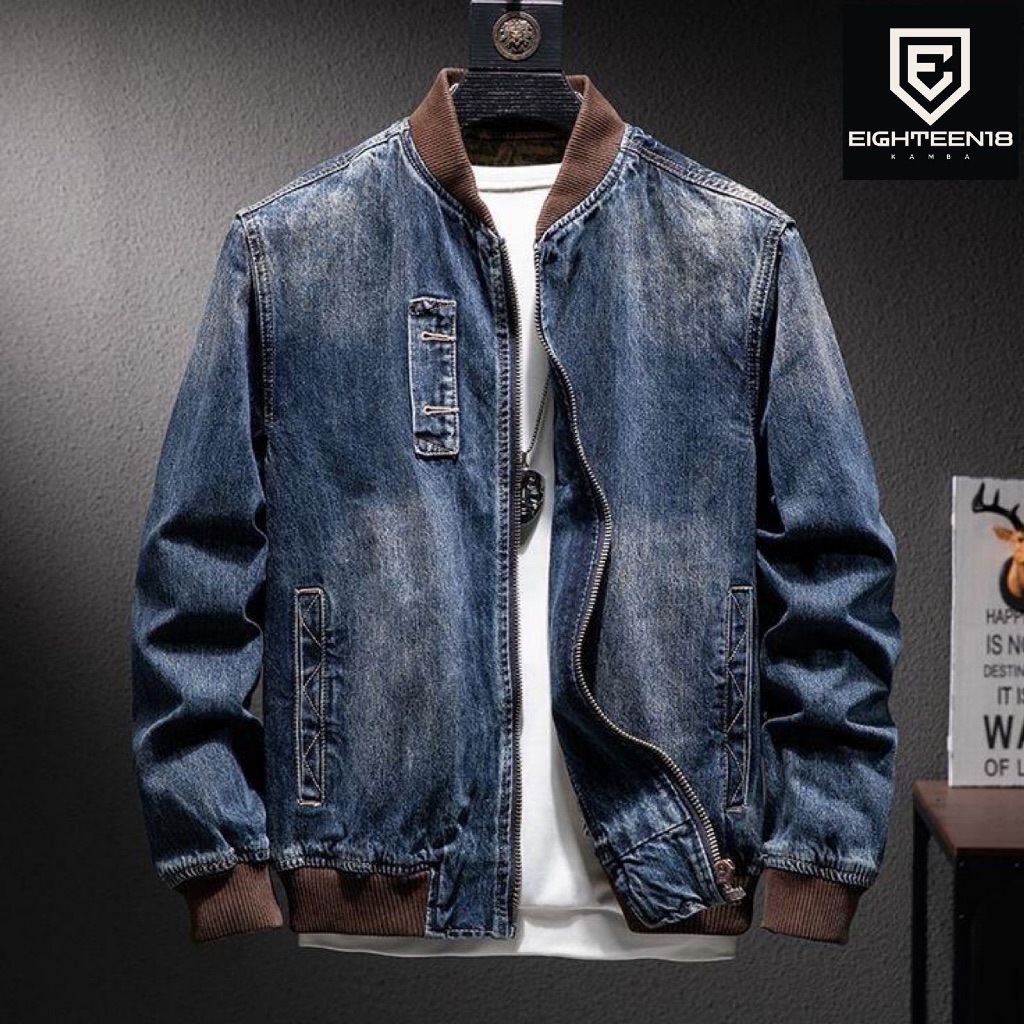 EIGHTEEN-jaket jeans bomber pria polos keren santai terbaru kasual unisex