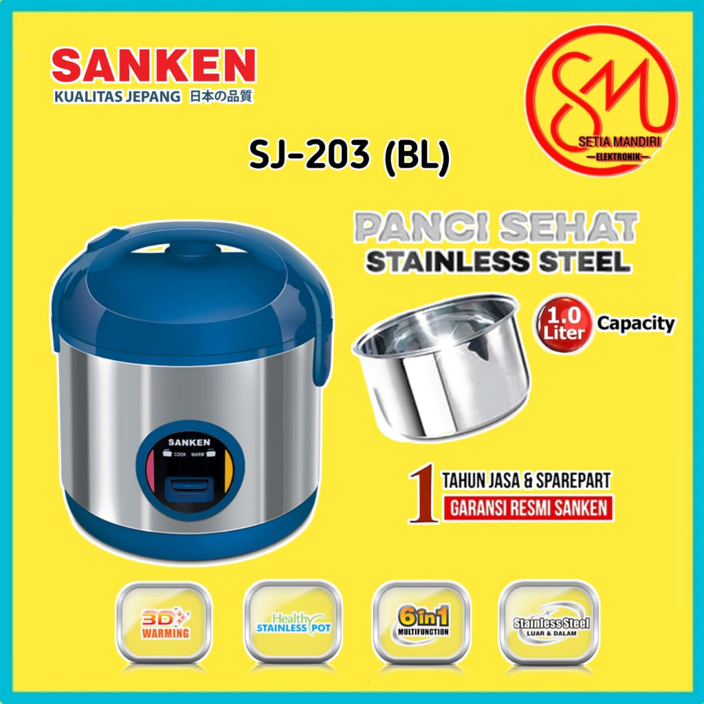 SANKEN Rice Cooker 1 Liter SJ-203 BK/BL Magic Com Hitam Biru Silver