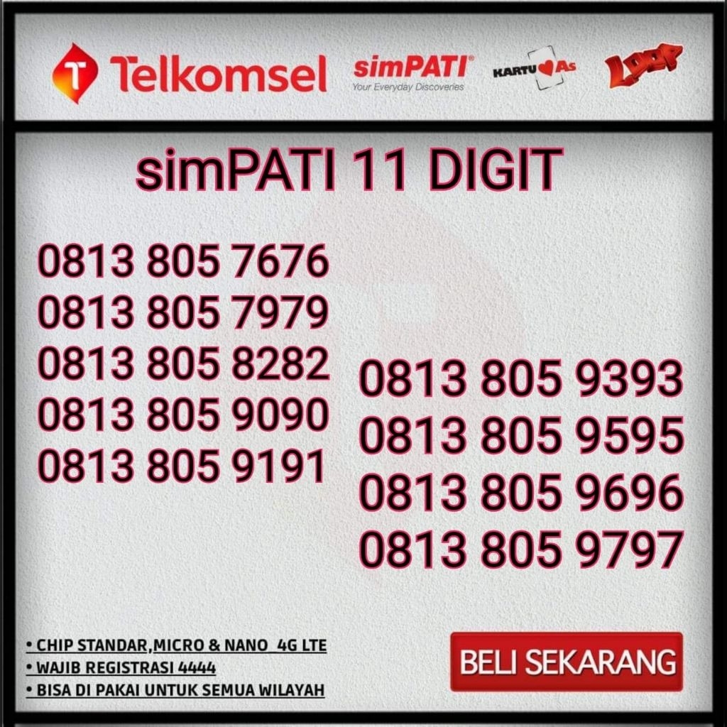 NOMOR CANTIK SIMPATI 11 DIGIT - KARTU PERDANA TELKOMSEL 11 DIGIT - NOMOR CANTIK SIMPATI 11 ANGKA