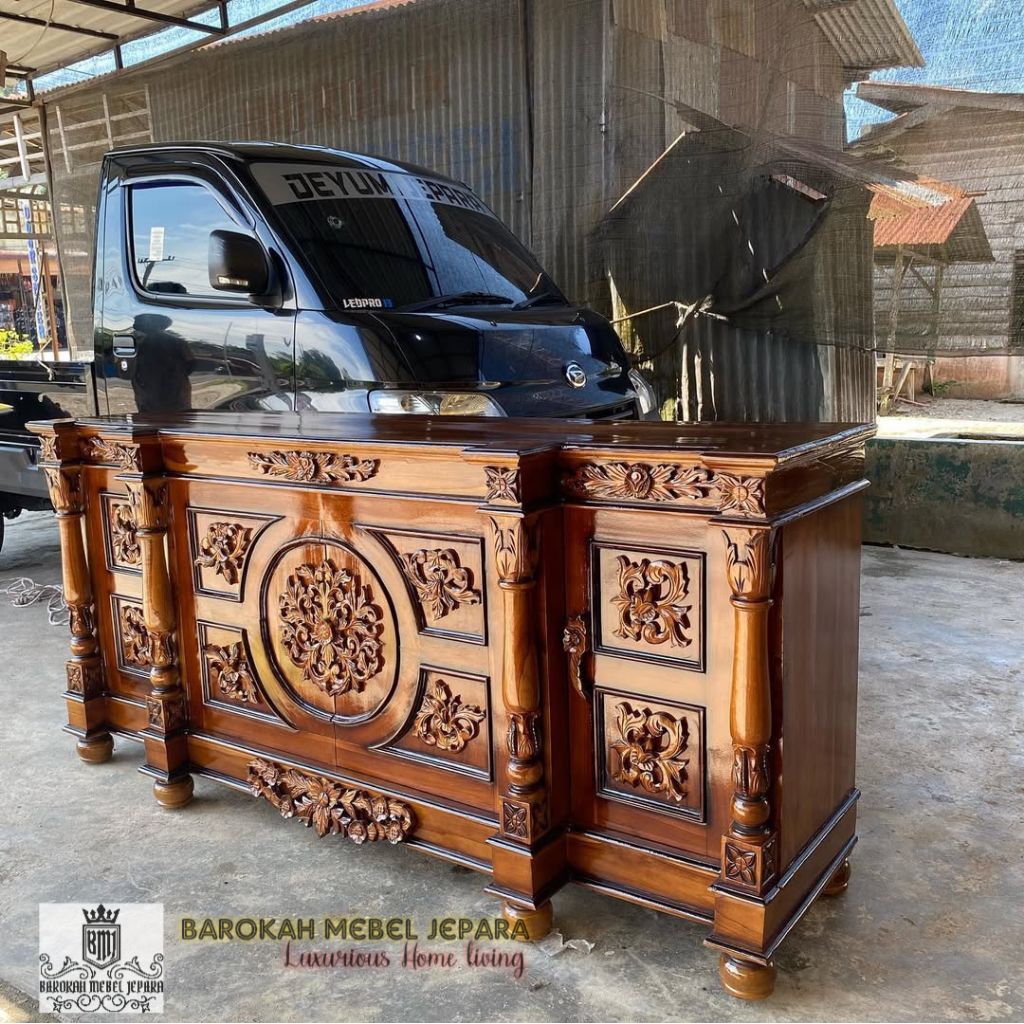 bufet jati 2 meter ukiran nusantara , bufet tv jati ukiran 200cm , bufet konsul jati ukir