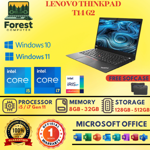 Laptop Lenoovo ThinkPad T14 G2 Core i5 / i7 Gen 11 Ram 16GB / 32GB SSD 256GB / 512GB / 1TB Layar 14"