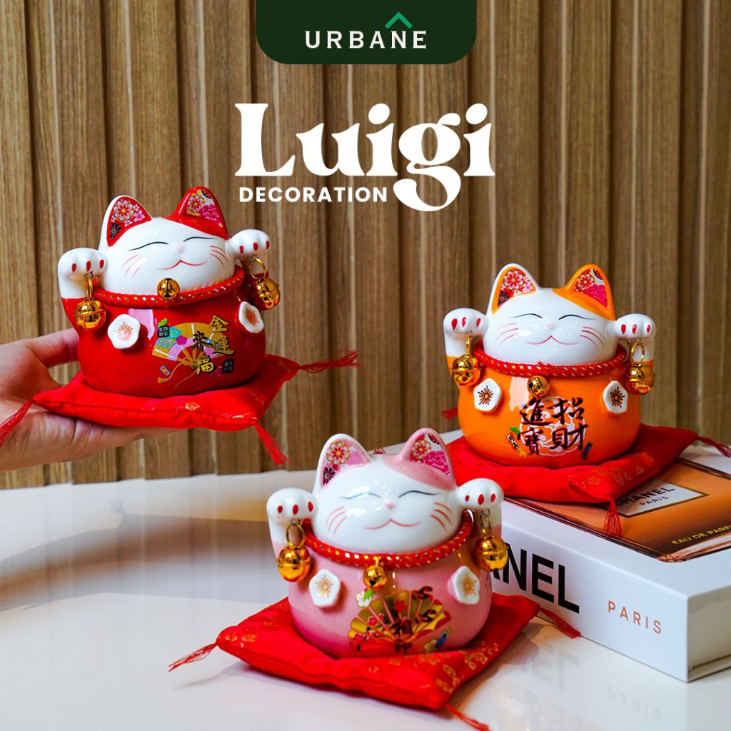 [URBANE] LUIGI Patung Kucing Hoki Keramik Pajangan Lucky Cat Patung Kucing Rezeki Hiasan Celengan Ua