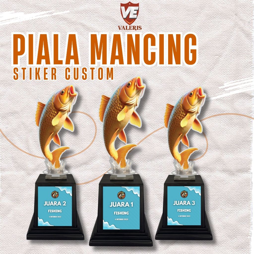 Piala Akrilik Stiker Custom Memancing | Trophy Motif Ikan Mas | Hadiah Juara Lomba 17 Agustus